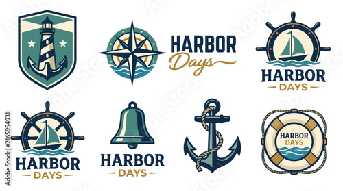 This collection showcases distinctive nautical-themed logos and elements for a Harbor Days event, including lighthouses, anchors, and vibrant colors that invite participation.