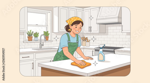 A cheerful woman enthusiastically cleaning her modern kitchen, highlighting the joy of maintaining a tidy living space and the satisfaction of homemaking.