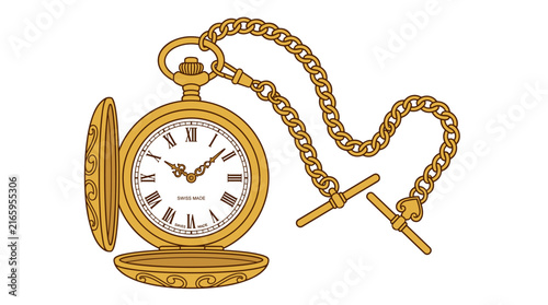 Ornate golden pocket watch with open cover and chain, flat design illustration with Roman numerals on white background