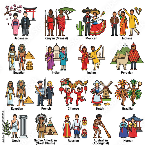 Diverse people from various world culture backgrounds wearing traditional costume and outfits in a cute vector character collection.