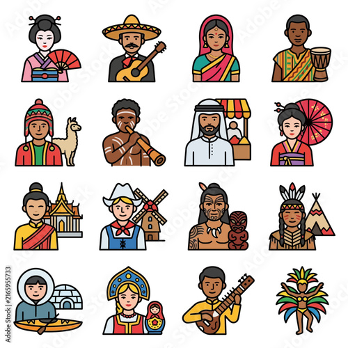 A collection of diverse global people representing ethnic culture and world diversity in traditional clothing and iconic landmarks.