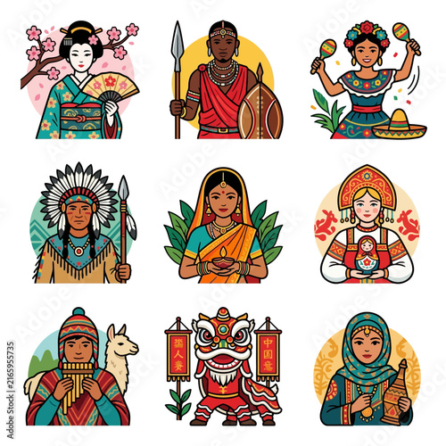 A diverse collection of global culture and tradition representing world diversity through ethnic costume and national heritage illustrations.