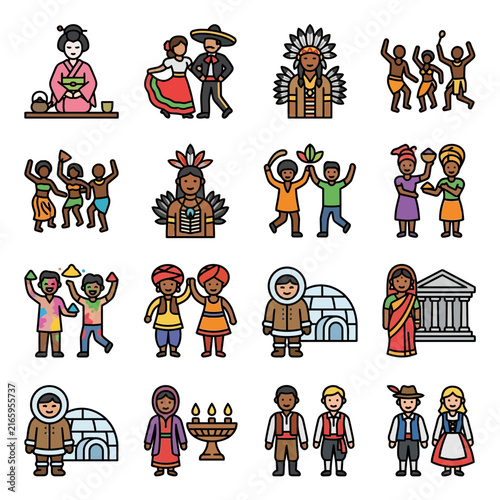 Diversity - Diverse icons showcasing global culture and heritage through traditional clothing, celebrating world ethnicity and multicultural