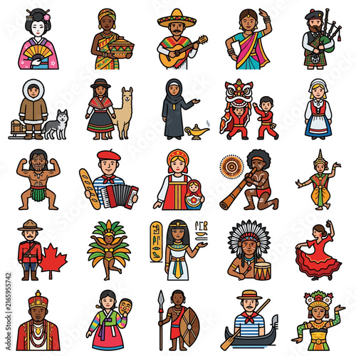 A vibrant collection of global people celebrating their rich culture and diversity through ethnic costumes and authentic tradition.
