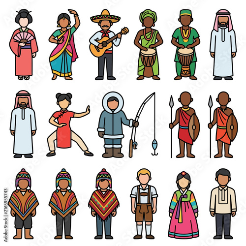 Diversity of international people showcasing global culture through traditional clothing and ethnic costumes from various nations and heritage.