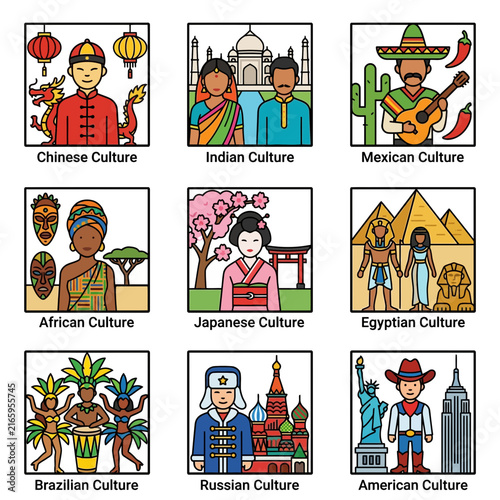 A vibrant illustration set exploring global diversity and international culture through traditional world costumes and famous landmarks.