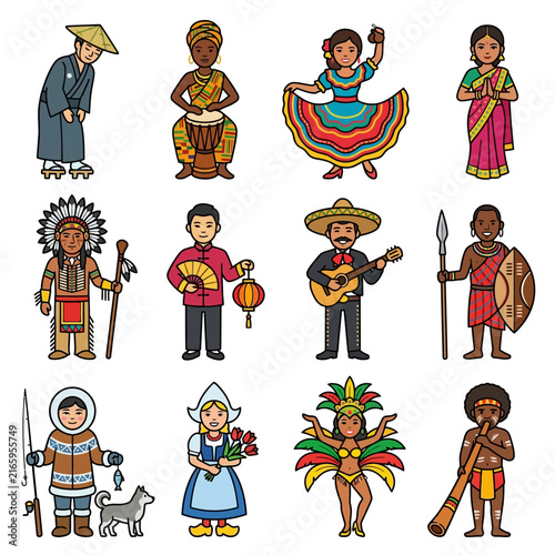 Multicultural people wearing traditional costume to celebrate diversity and global unity, representing various international cultures and ethnic