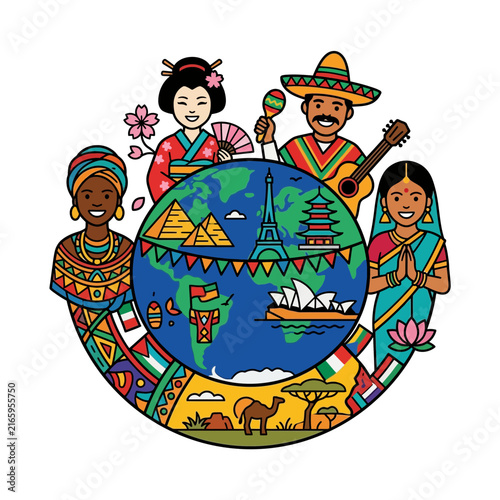 A vibrant illustration celebrating global culture and diversity, showing people from around the world in unity around a planet with landmarks.