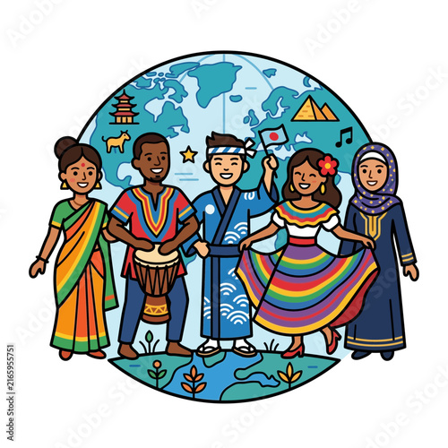 A vibrant group of characters representing global diversity and multicultural people from around the world, celebrating human unity and culture.