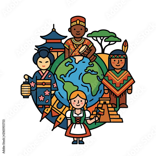 Global illustration of diversity and multicultural people representing different culture traditions around the earth planet for unity concept.