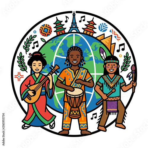 A vibrant illustration celebrating global diversity through music and unity to honor every unique culture around the world with iconic landmarks.