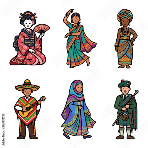 Culture - Diverse people wearing traditional costume from various world cultures representing global heritage and ethnic diversity.