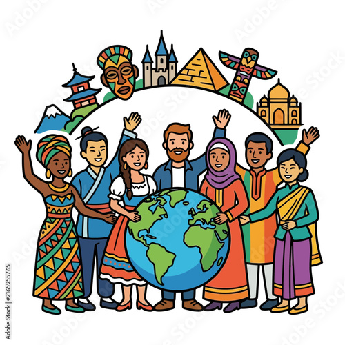 Diversity - Diverse people celebrating global unity and culture standing around the world globe with international landmarks illustrating community