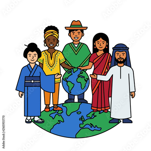 Representing diversity of global people in unity around the world globe, showing international friendship and multicultural cooperation.