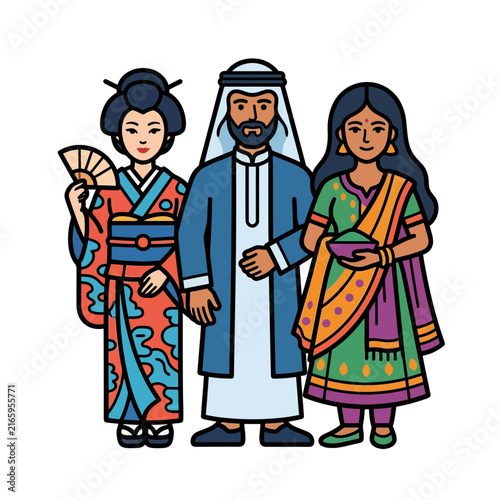 A group of international people celebrating diversity and culture wearing traditional ethnic clothing and heritage costumes.