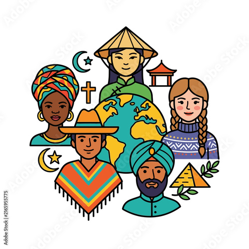 Diversity and global unity are shown as people from various culture groups stand together around the earth globe in this inclusive scene.