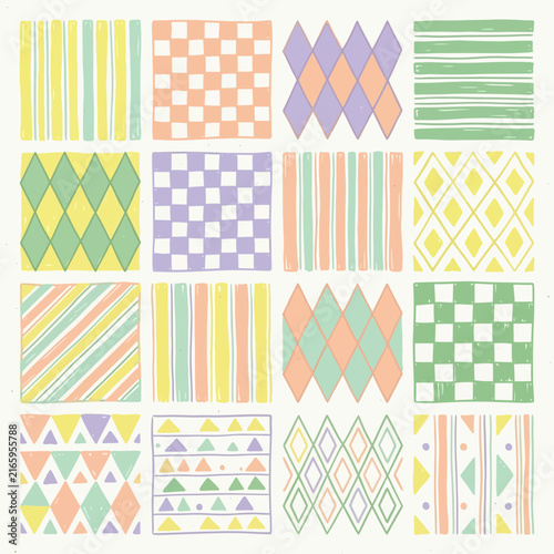A collection of pastel patterns featuring a geometric grid with hand-drawn texture, checkered background, and minimalist illustrations for