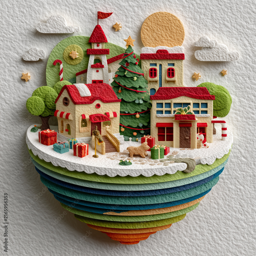 Obraz premium 3D Paper Cut Layered Miniature Christmas Village with Sun and Clouds, 화이트 종이 질감 배경의 미니어처 크리스마스 마을 입체 일러스트