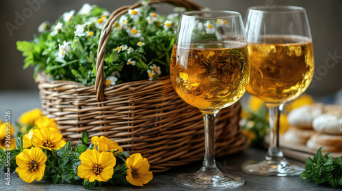 Summer Picnic Basket with Wine Glasses and Fresh Flowers