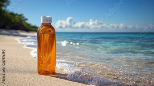 Sunscreen Bottle on Sandy Beach with Ocean Waves and Blue Sky