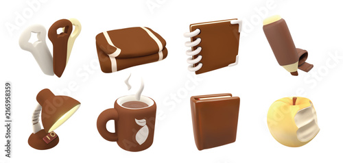 Puffy Education 3D vector Icon Set with Desk Lamp, Coffee Mug, Notebook, Book, Apple