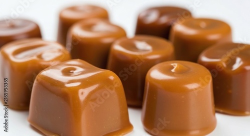 Close-up of caramels on a white surface