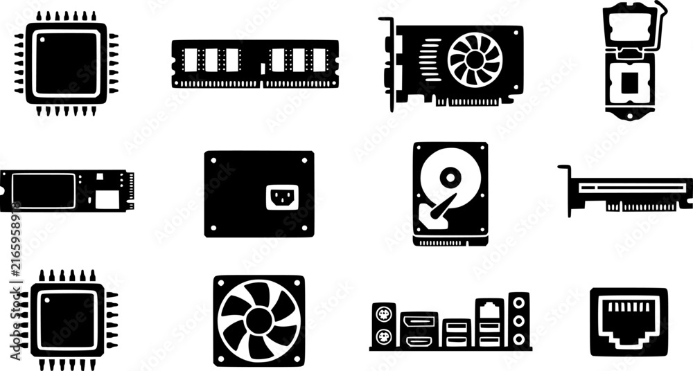 Fototapeta premium Computer Motherboard Components and Microchip Hardware Silhouette Icon Set 