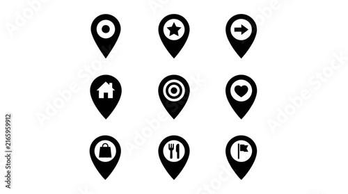 Black Location Icons on White Background.