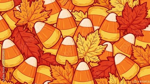 Repeating candy corn print with fall foliage accents ideal for treat packaging and party stationery
