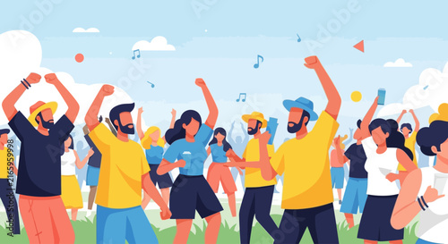 A diverse group of happy people dancing and celebrating together at an outdoor music festival.