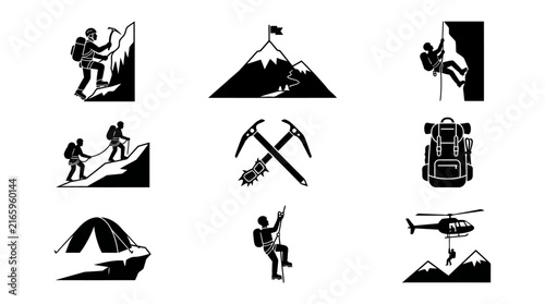 Black silhouettes of mountain climbers hiking.