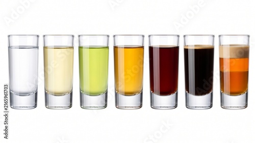 Seven colorful cocktail shots in individual glasses showing varied layering and ingredients for bar menu or nightlife event promotion imagery.
