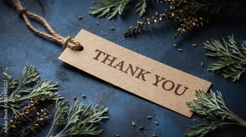 Expressing sincere gratitude with a thank you note written on a rustic paper tag decorated with green foliage and rustic twine resting on a dark textured background for appreciation