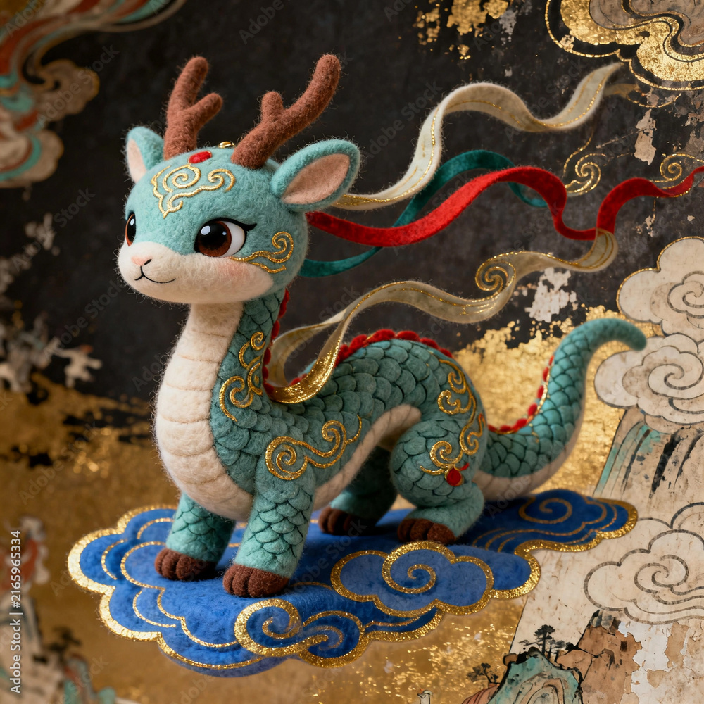 Fototapeta premium Cute Felt‑Craft Azure Dragon On Cloud Platform