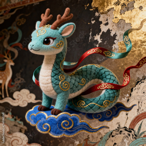 Obraz na płótnie Cute Felt‑Craft Azure Dragon On Cloud Platform