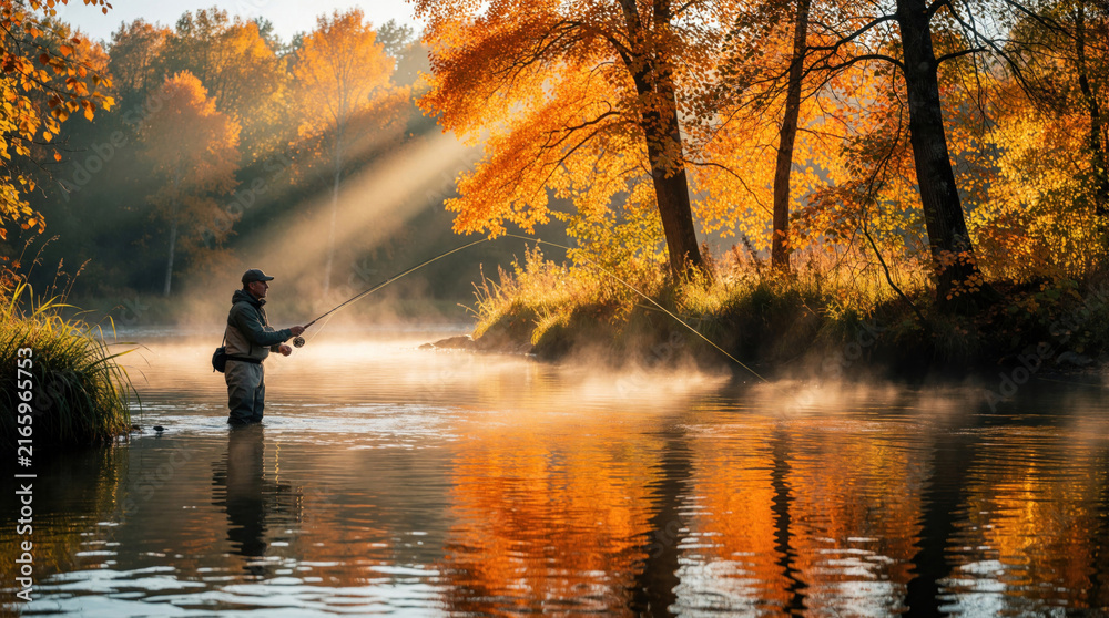 Obraz premium Man fishes upstream in misty autumn river at sunrise. Golden light shines through trees onto calm water. Person stands knee-deep, casting line. Serene nature scene.