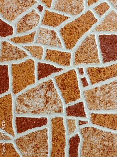 Natural mosaic of irregular stone tiles with earthy tones and contrasting white grout, creating rustic decorative surface appeal