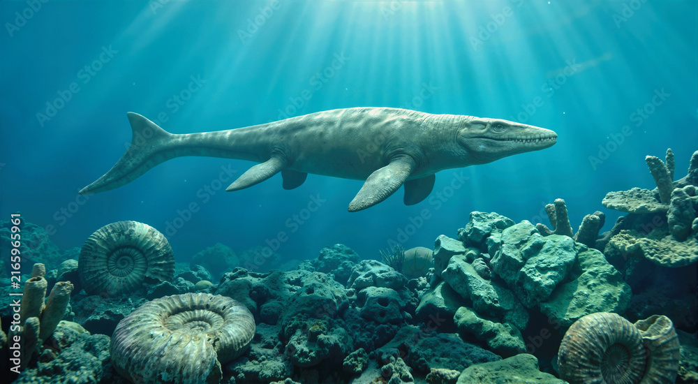 Fototapeta premium Realistic mosasaur swimming over an ancient coral reef. Prehistoric marine reptile and ammonite shells underwater with bright sunbeams. Dinosaur era ocean ecosystem