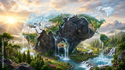 World map rock formation and wildlife for world tourism day