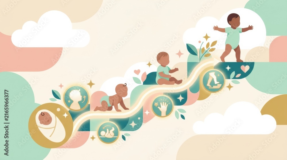 Fototapeta premium Stages of infant development from newborn to standing, highlighting milestones in gross and fine motor skills.