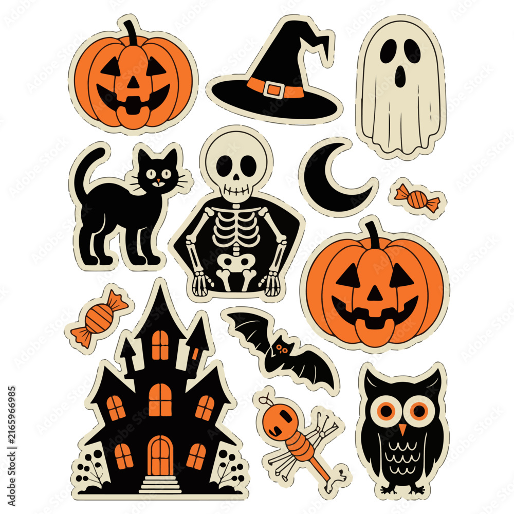 Fototapeta premium Halloween Icons with Pumpkin Ghost Witch Cat Skeleton Haunted House and Bat