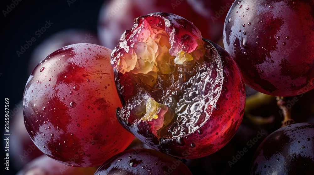 Obraz premium Macro view of red juicy grapes with water drops. Close up of ripe fruit skin showing texture, fermentation bubbles. Fresh organic vineyard crop details. Sweet purple berries burst with liquid during