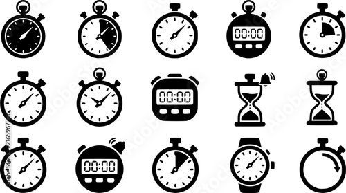 Black Stopwatch and Timer Icon Set with Classic Chronometer Designs Isolated on White Background
