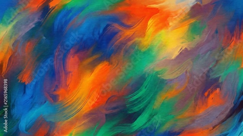 Vibrant Abstract Oil Painting Background with Multi-Colored Brush Strokes on Canvas Grain Texture

