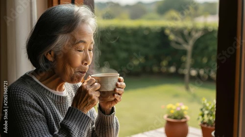 A moment of warm reflection: An elderly woman with silver hair enjoys a steaming cup of tea by a window, sunlight warming her face as she gazes out at a tranquil garden.