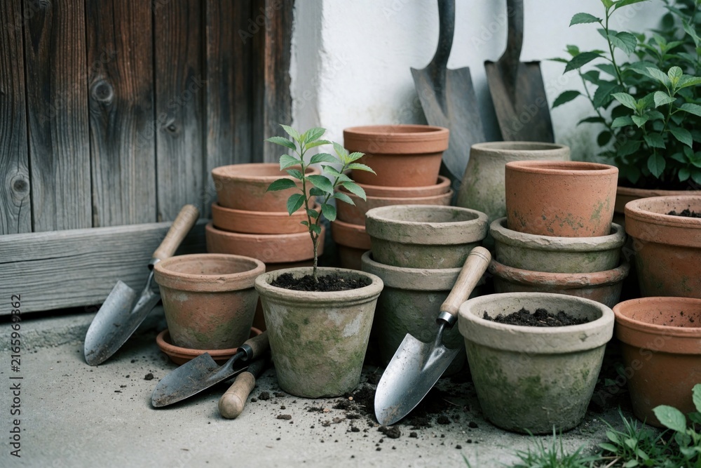 Obraz premium Clay pots and garden tools with small plant sit near weathered wood fence. Preparation for spring planting with terracotta containers and trowels ready for soil.