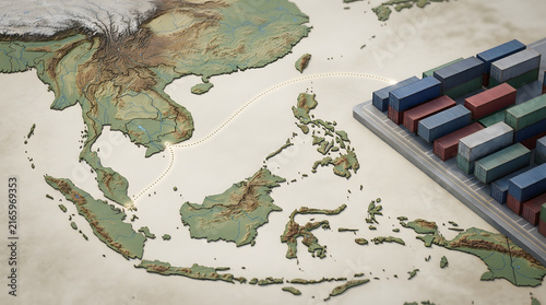 3D map of Southeast Asia with shipping containers on the side