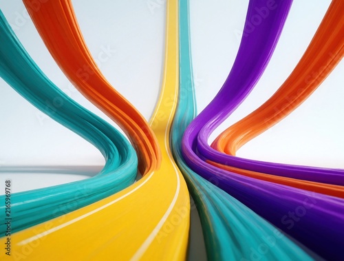 Colorful abstract paths converge on a neutral background. Smooth flowing lines in teal orange yellow and purple meet as one unified direction symbolizing connection and shared goals.
