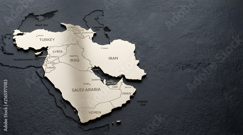 3D map of Middle East countries on textured dark surface