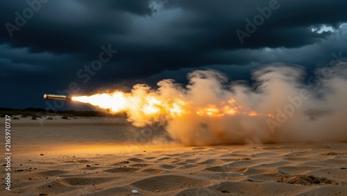 Plakat w ramie Military missile launching in a desert landscape during daytime with a cloudy sky, illustrating warfare, military technology, and defense concepts